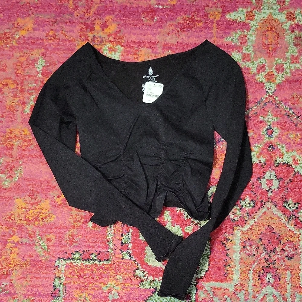 Free People Good Karma Ruched Black Long Sleeve Top | Size M/L